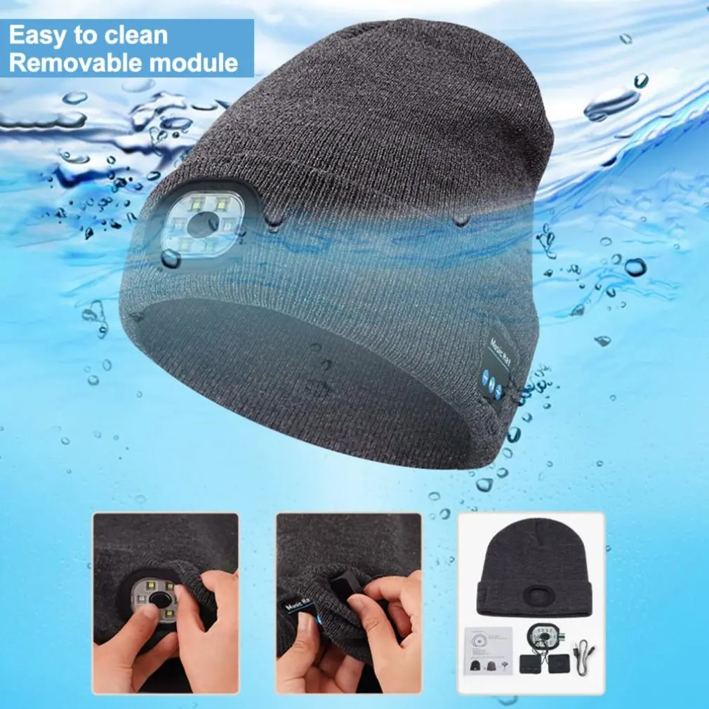 Unisex Bluetooth Beanie Hat with Light Upgraded Musical Knitted Cap with Headphone and Built-in Stereo Speakers & Mic Headlamp