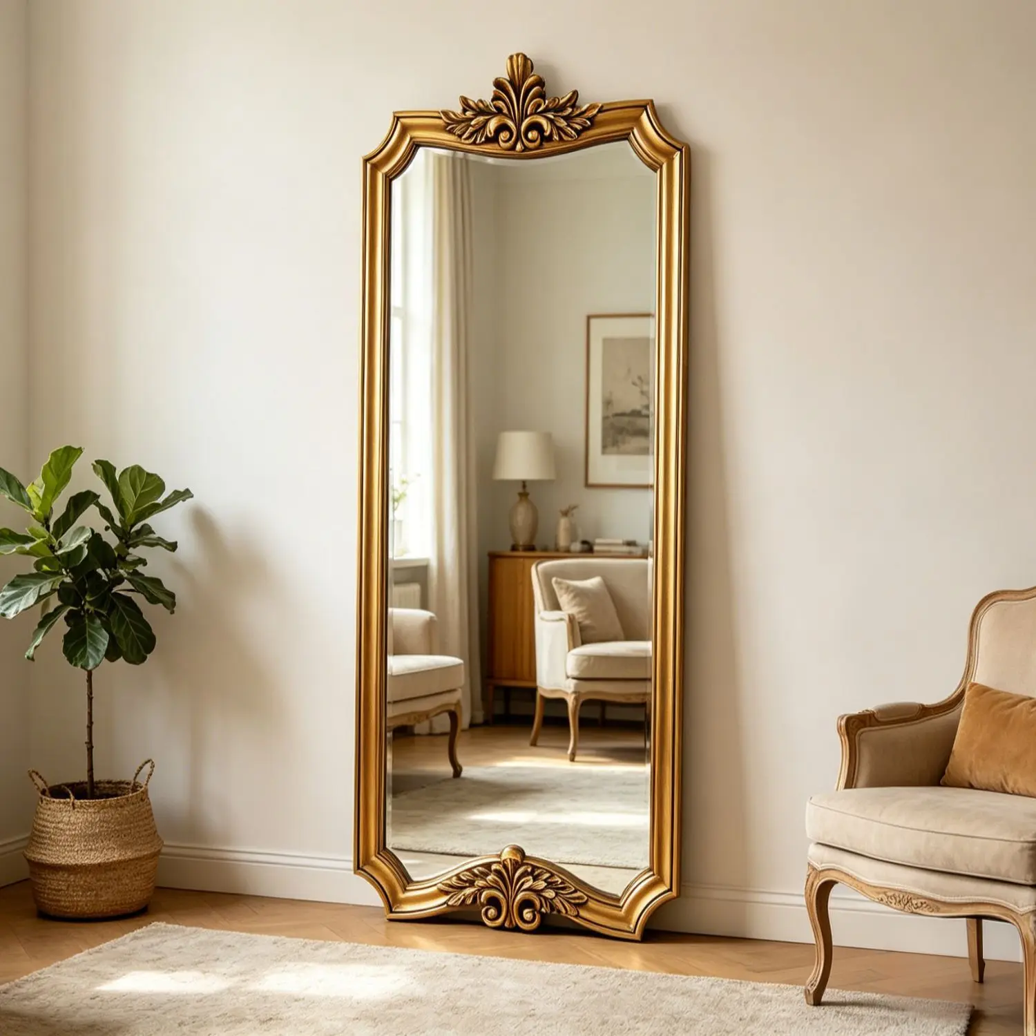 European carved full-body clothing store fitting mirror, French vintage floor-standing mirror, dressing mirror