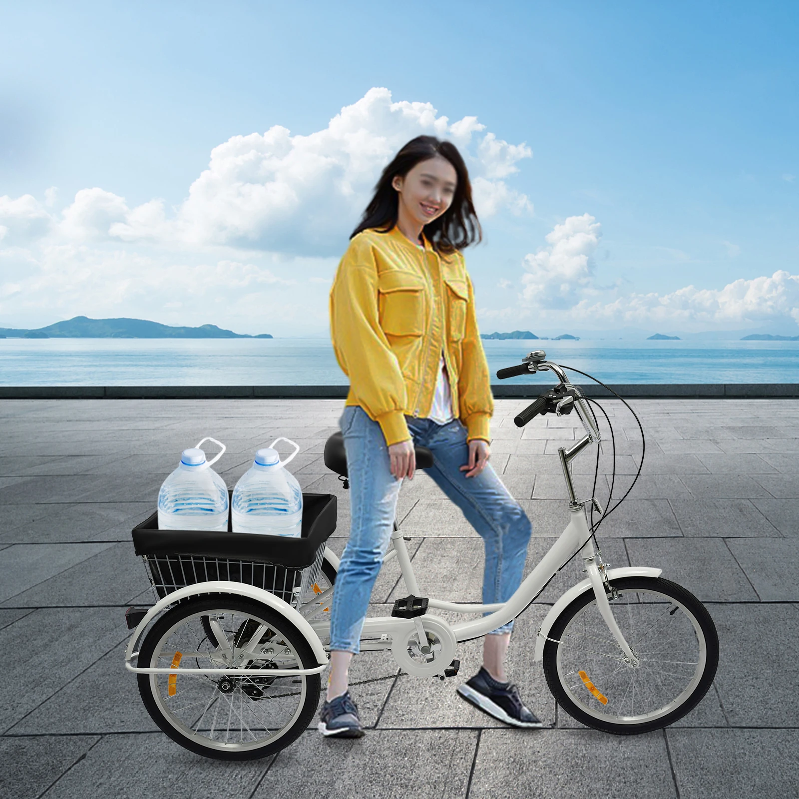 20 Inch Adult Tricycle 3 Wheel 8 Speed Bicycle Adjustable Height Trike Cruise 242.5Lbs Load W/ Foldable Basket & Lamp