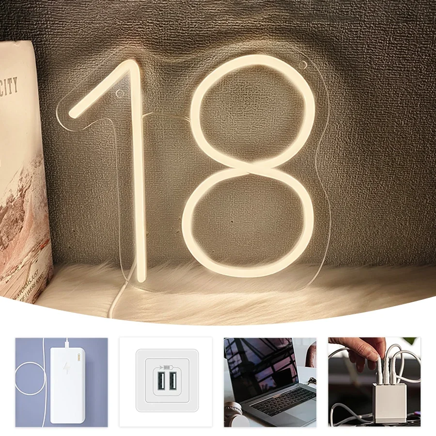 18세 네온 사인, 따뜻한 흰색 Led 디지털 조명, USB 전원, 방, 집, 생일 파티 장식, 친구를 위한 선물에 사용됩니다.