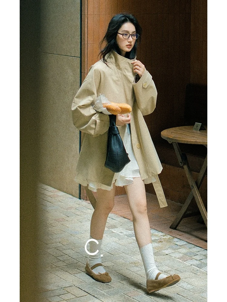 

Chachastu British Style Short Coat Jacket Women Early Autumn Small Size Khaki Fashionable Coat Stand Collar Long Sleeve