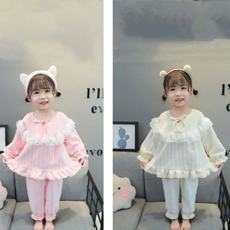 2 Pieces Set Autumn Winter Toddler Clothing Flannel Princess Pajamas Soft Comfortable Girls Baby Sleepwear Suit Lace Tops Pants