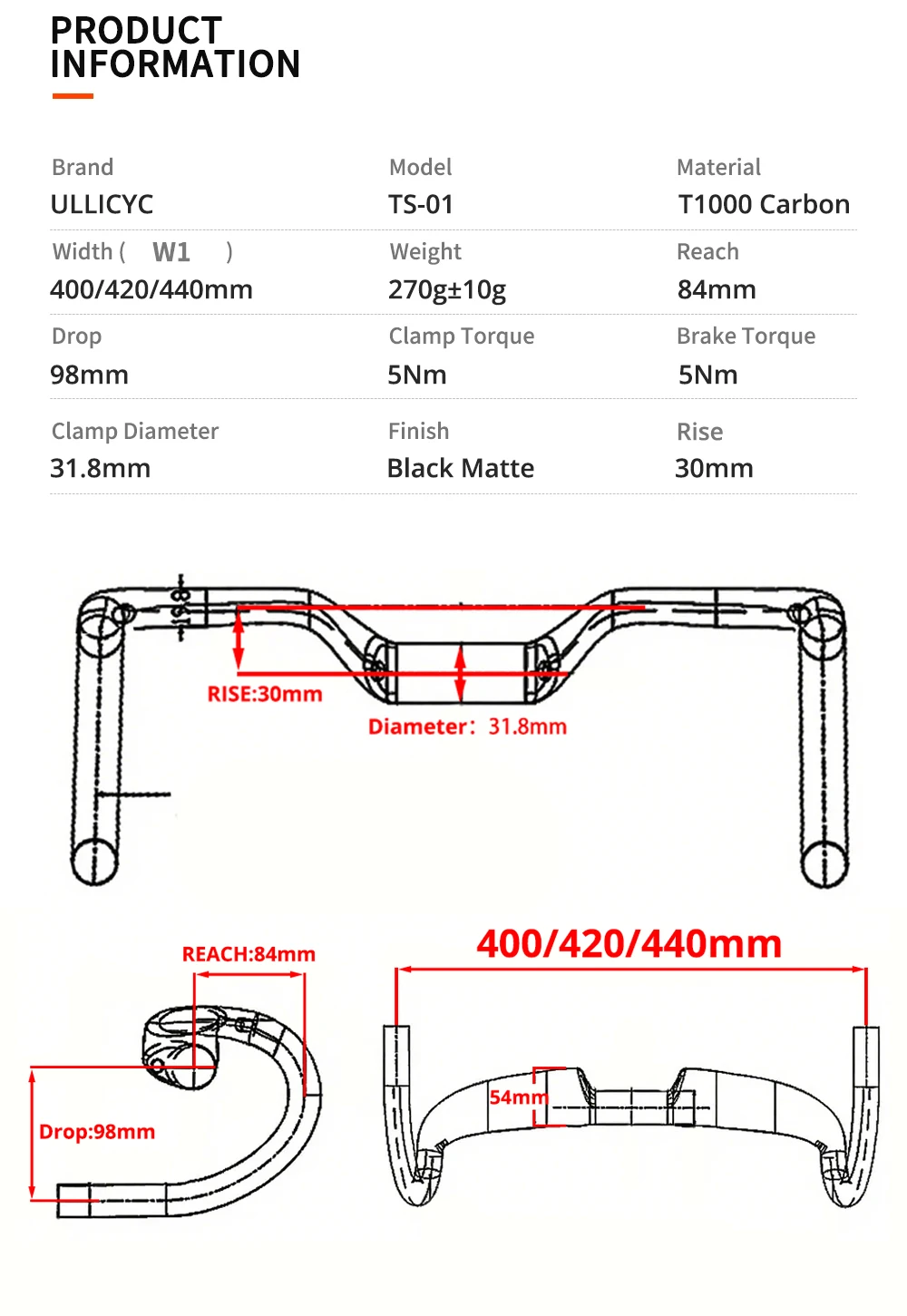 Ullicyc Hover Carbon-Lenker T1000 Full Carbon Rise Road-Lenker Rise 30 mm Gravel Cockpit Internes Kabel – Detail 3
