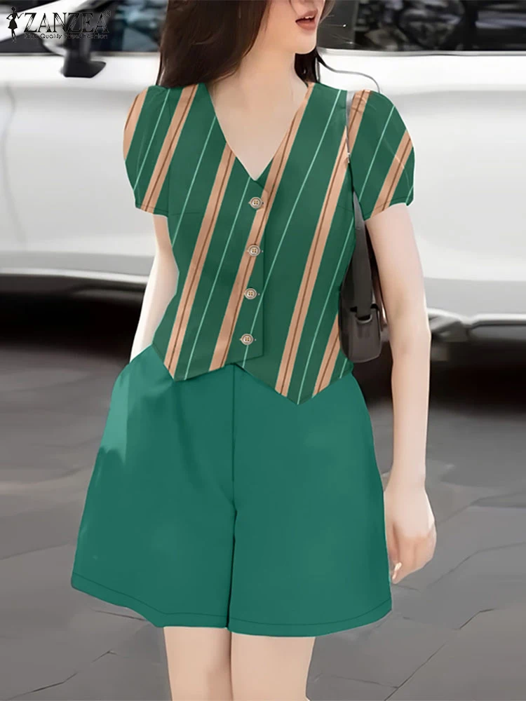 แฟชั่นฤดูร้อนชุดผู้หญิง 2 ชิ้นชุด 2025 ZANZEA Elegant V คอเสื้อแขนสั้นสั้นชุดพิมพ์วันหยุด Trackuits