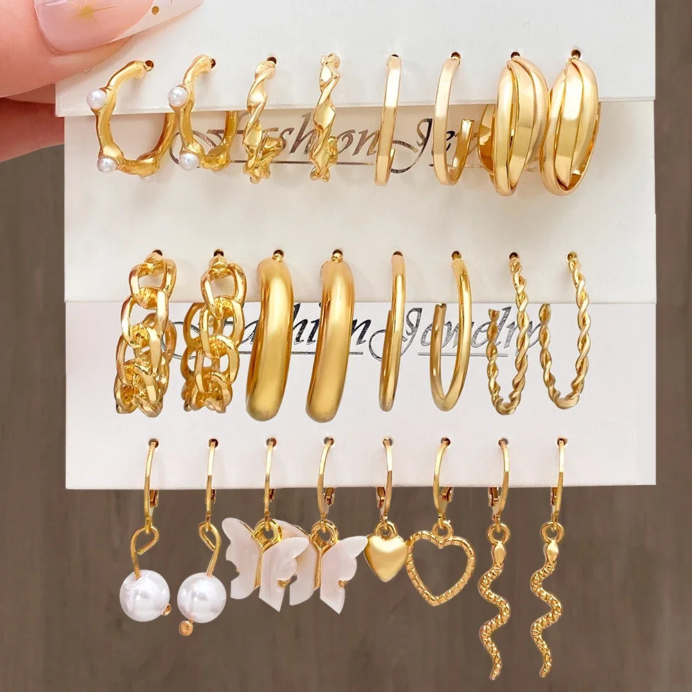 KISSWIFE Gold Color Pearl Dangle Hoop Earrings Set Metal Big Circle Hollow Earrings for Women Fashion Jewelry Gold Plated