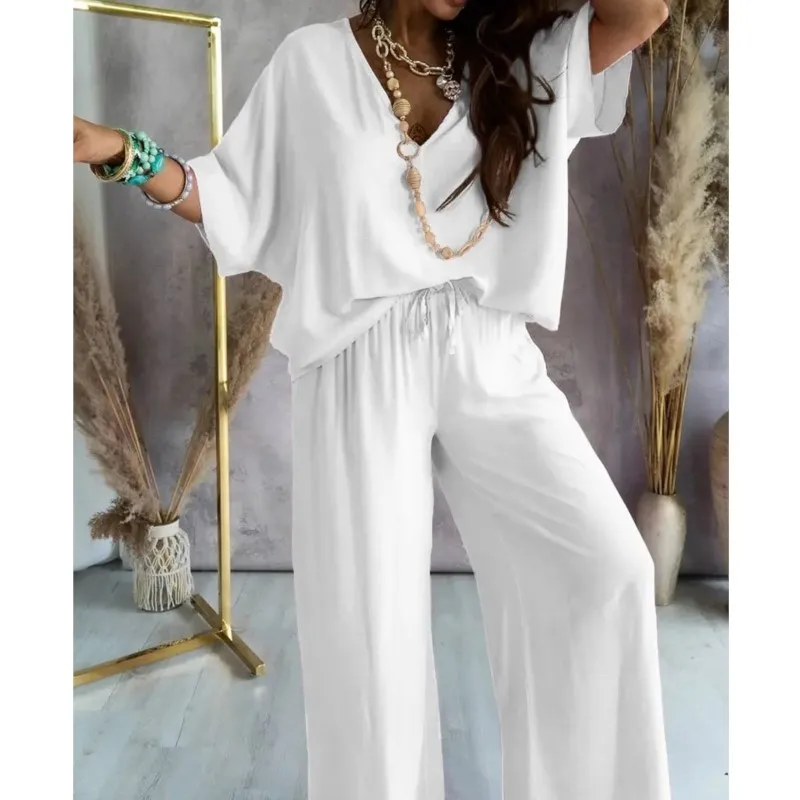 2024 Long Pant Sets Summer two piece set For Women V neck Bat Sleeve Casual Loose Wide-leg Pants 2 piece set solid color Outfits