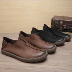 Zapatos informales de cuero genuino para hombre, suelas de tendón de vaca, suelas suaves de superficie de frijol, botas de viaje al aire libre, zapatillas para caminar