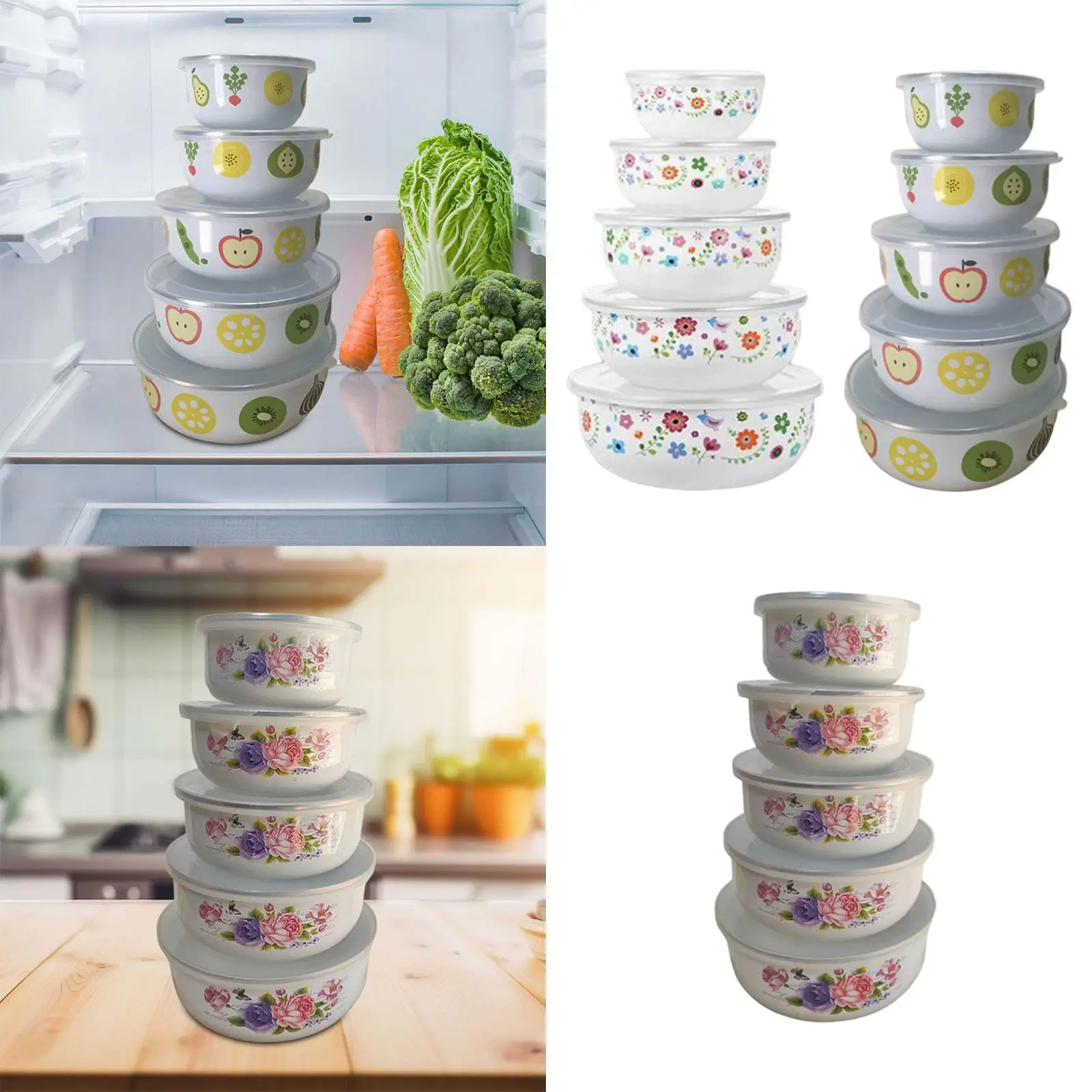 5Pcs Mixing Bowl Set Round Enamel Covered Bowl with Airtight Lids Fruits Salad Bowl for Biscuits Pancakes Cakes Prepping Snacks