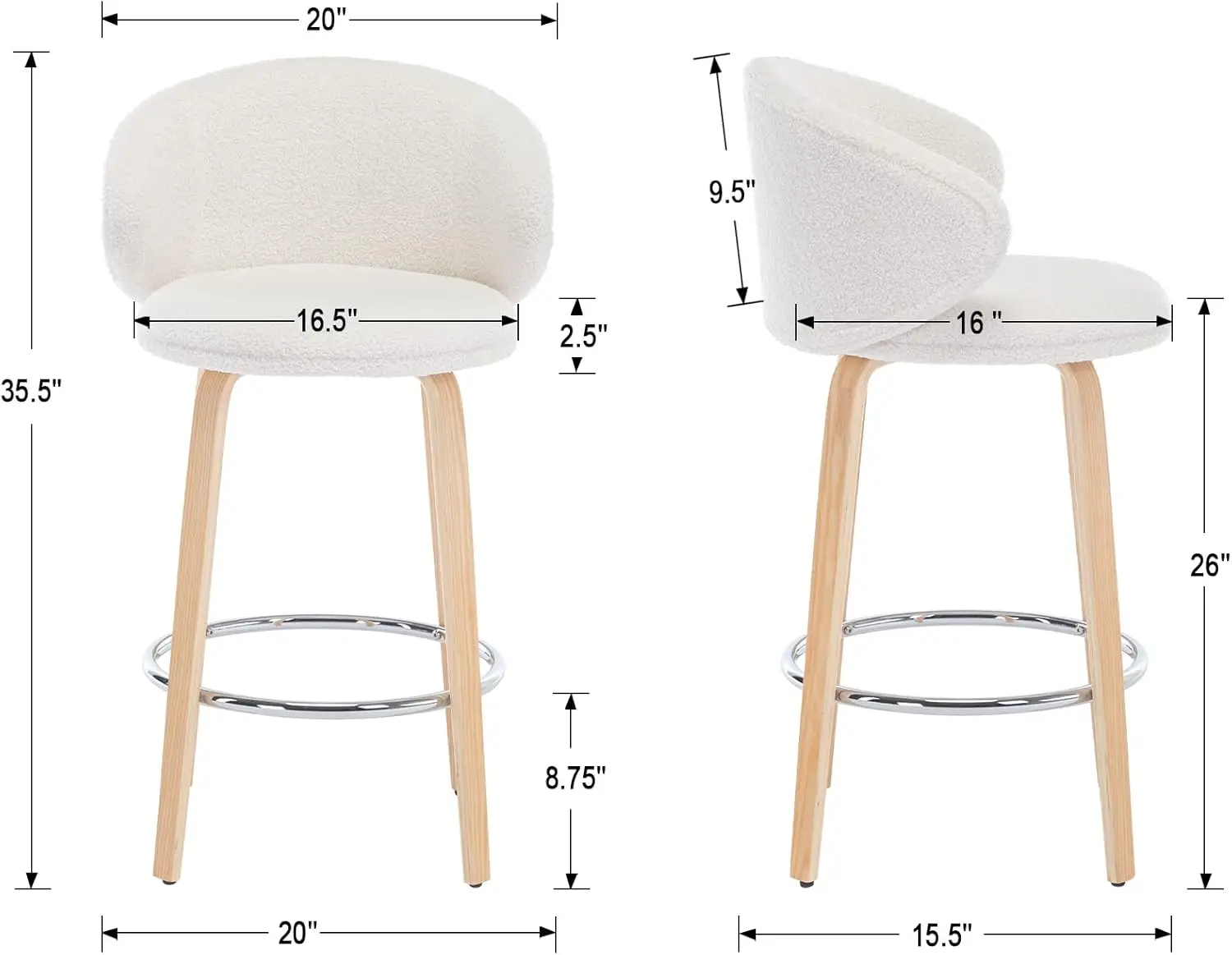 Conjunto de bancos de bar modernos de 3, altura de balcão de 26 polegadas, cadeiras de bar com encosto de cano para sala de jantar de ilha de cozinha, branco