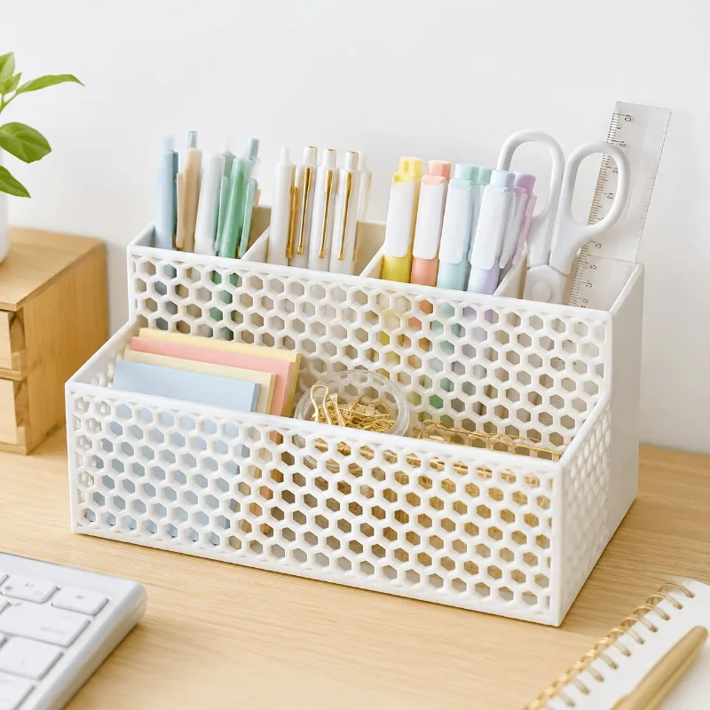 3D Printing Desktop Storage Box Honeycomb Hollow Large Capacity Office Stationery Storage Rack Matte White Ladder Multi-Zone Student Desk Sundries Arrangement Box Creative School Season Gift Suitable for Office Desk