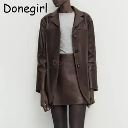 Donegirl Women Spring New 2024 Fashion PU Leather Blazer Coat Mini Skirt Suit Solid Simple Commute Temperament Female Set Chic