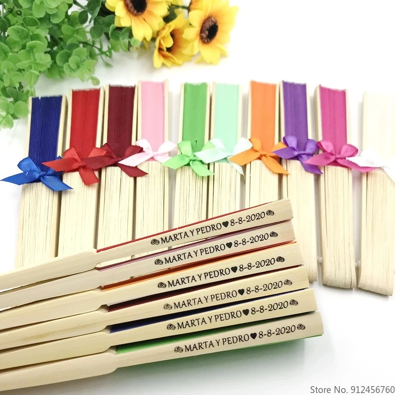 25/30/50/80/100PCS Personalized Wedding Silk Fan Tie Ribbon Customized Printing Name Date Handmade Folding Fan
