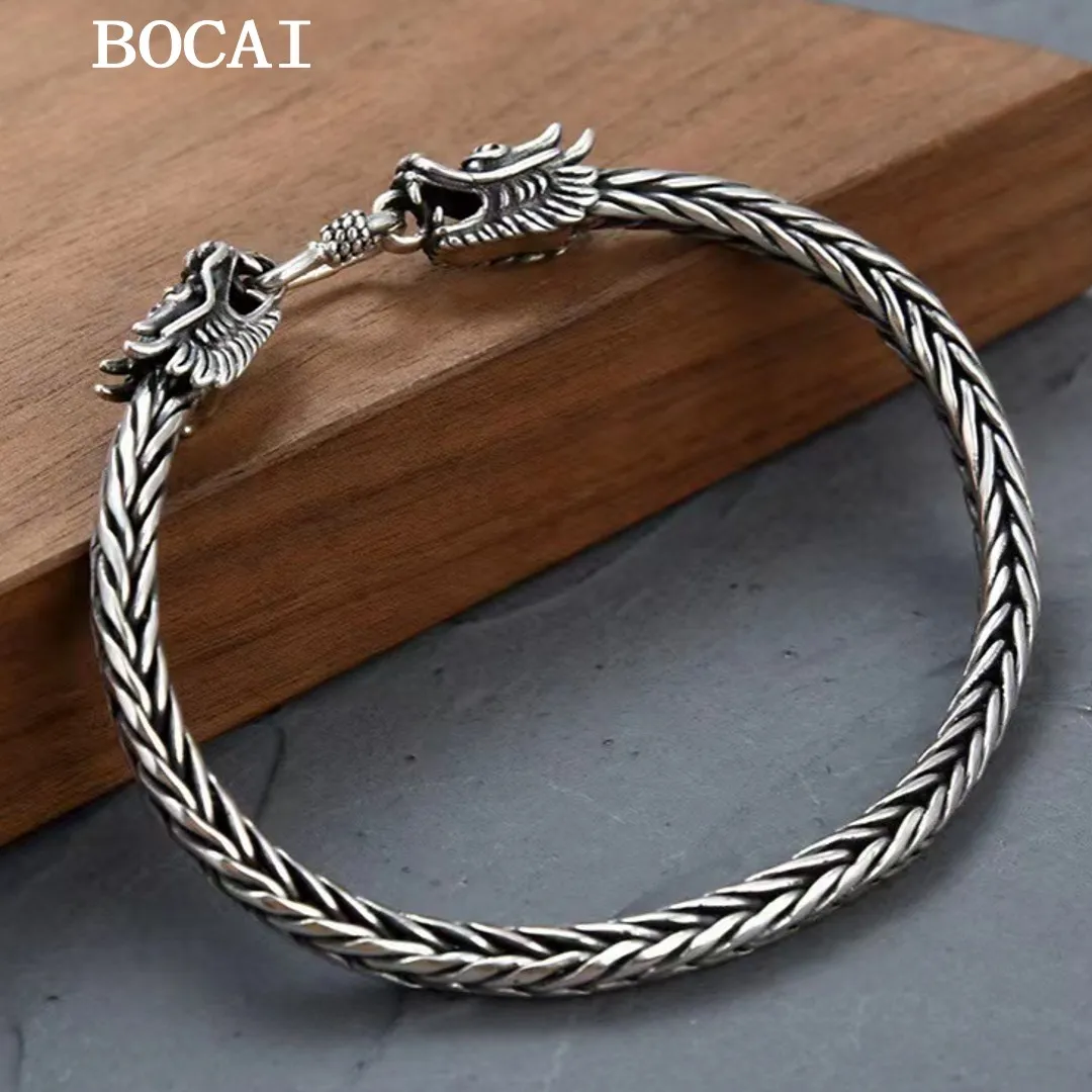 

BOCAI NEW S925 Sterling Silver Retro Domineering Double Dragon Head Woven Bracelet Men's And Women's Gift