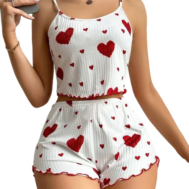 

KUCLUT Women's Pajamas Set Sleepwear 2 PCS Short Tank Tops And Shorts S M L White Ventilate Soft Casual Love Printing