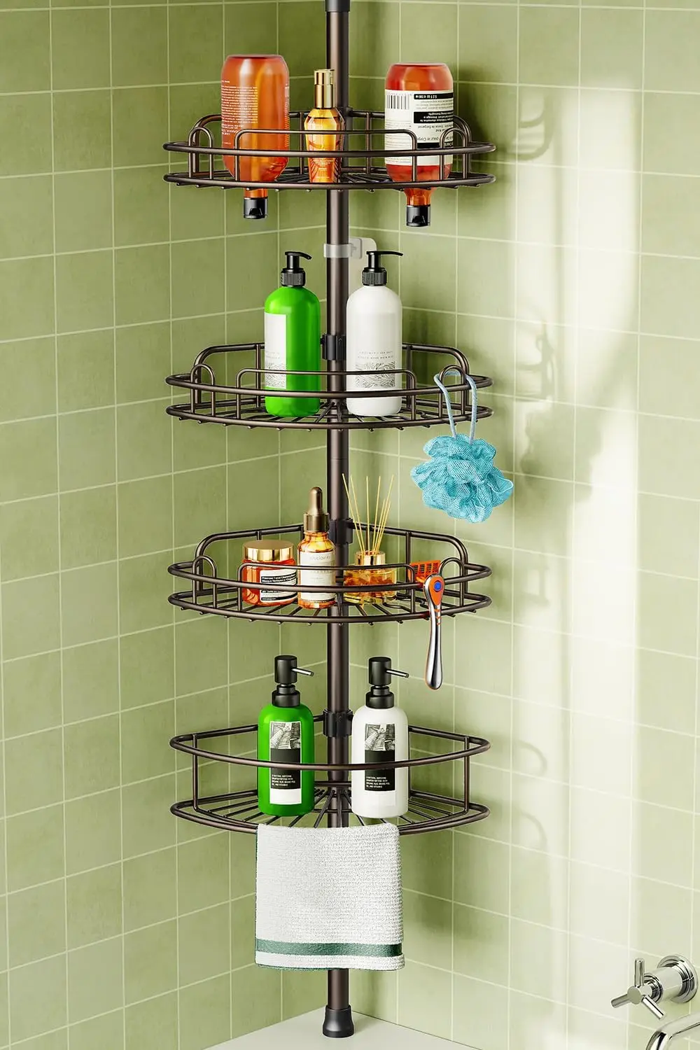 

4-Tier Adjustable Corner Shower Caddy Tension Pole - Rust-Resistant No-Drill Installation for Bathroom Storage