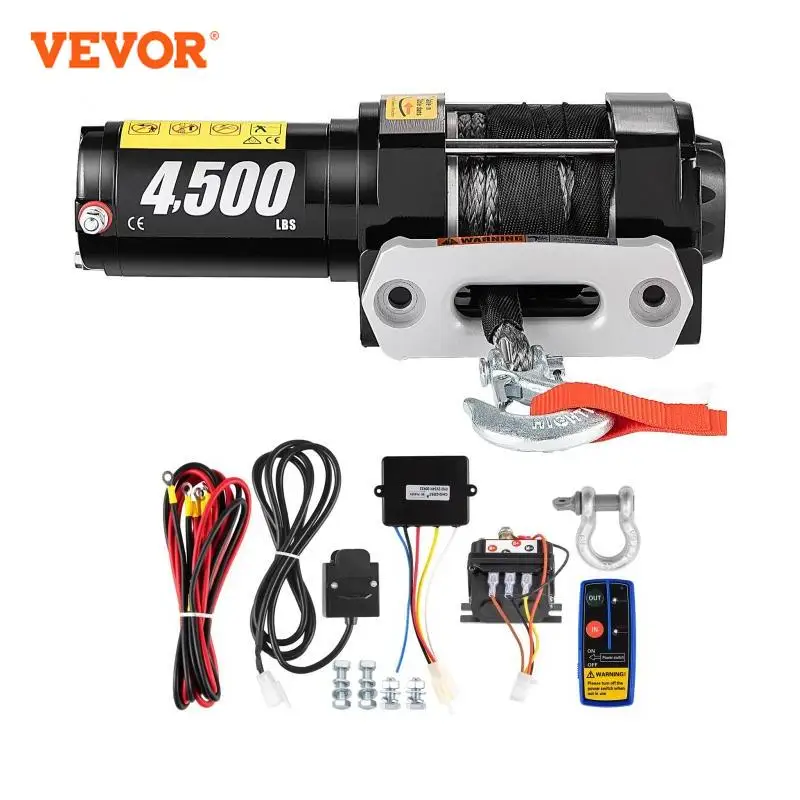 VEVOR Treuil Électrique 12V 4500lbs, Avec Télécommande sans Fil, Corde Synthétique de 13M Plus Dur