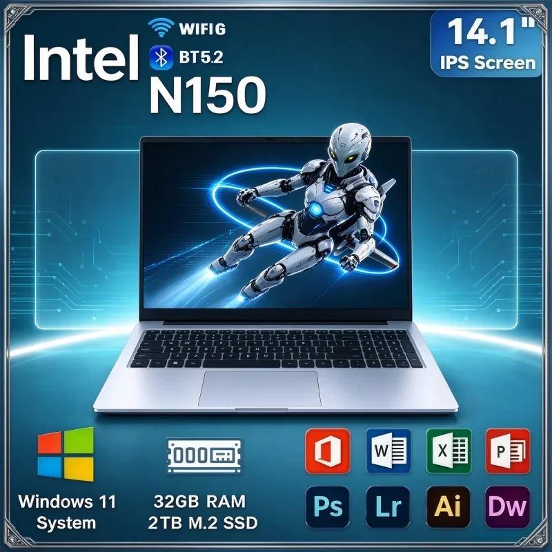 New 14.1 Inch Lightweight Notebook PC Intel N150 32GB RAM 2TB SSD 1920×1080 FHD Windows 11 Laptop For Home And School