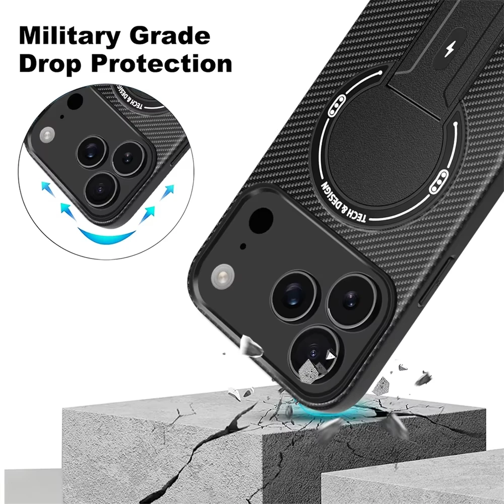 Luxury Carbon Fiber Pattern Fold Stand Magnetic Case For iPhone 17 Pro Max Air 16 15 14 Plus 13 12 11 For MagSafe Military Cover - view 5
