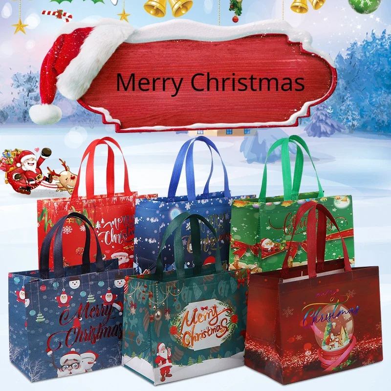 

Merry Christmas Tote Bags with Handle Christmas Non-Woven Gifts Bags Santa Claus Favors Bag New Year Party Supplies Noel Navidad