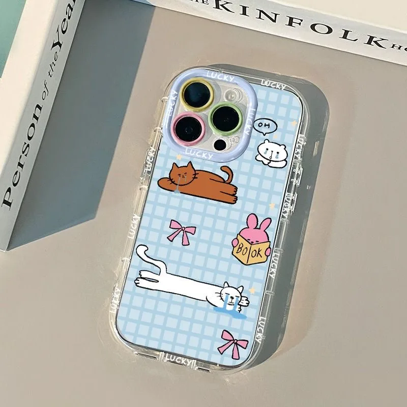 Painted blue checkered tearful cat phone case For iPhone 11 12 13 14 15 16 pro max