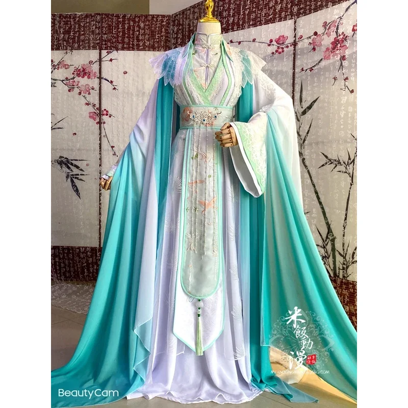 السماء الرسمية نعمة الرياح ماستر شي تشينغ شوان تأثيري القديمة زي الرجال النساء هان الملابس الصينية شعر مستعار تاج مروحة الأحذية