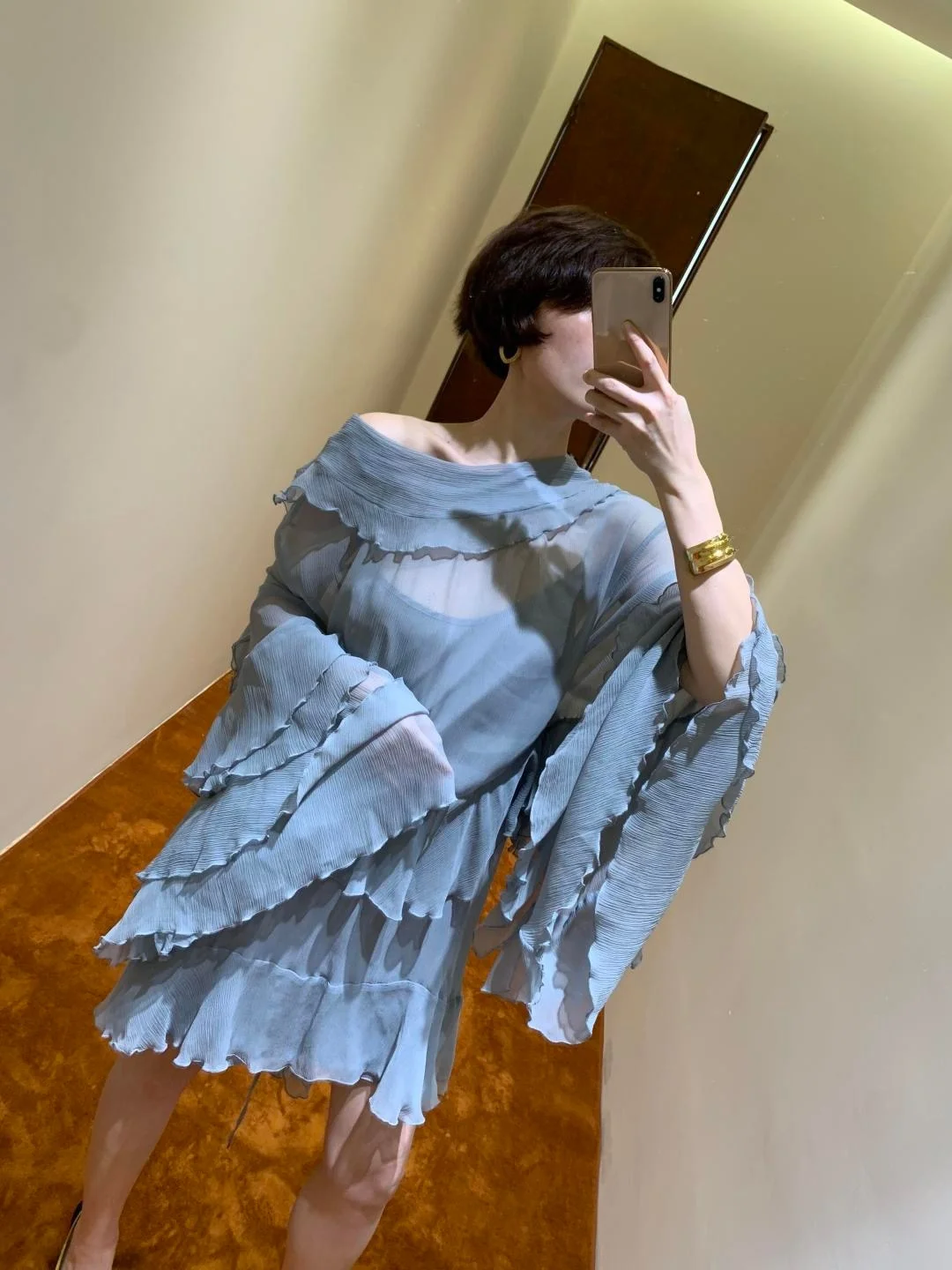 Mulberry Silk Two Piece Set Ruffle Trim Cami Top & Blouse Grey Blue French Romantic Style
