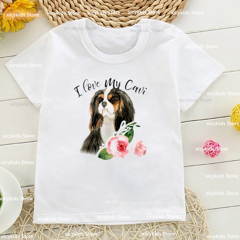 Cavalier King Charles Spaniel Pet Dog Animal Print Girls t-shirts Summer Fashion Kids tshirt Funny Boys t-shirts White Tops