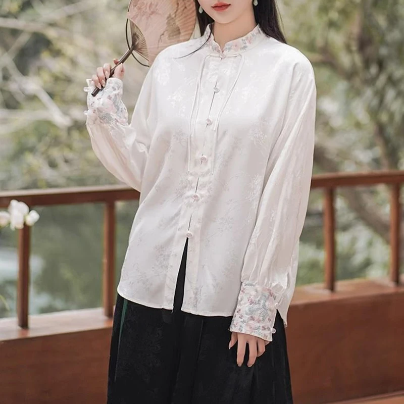 New Chinese Women\'s Blouses Plate Buckle Flower Embroidery Stand Collar Shirt Long Sleeves Vintage Women\'s Clothing Hanfu Top