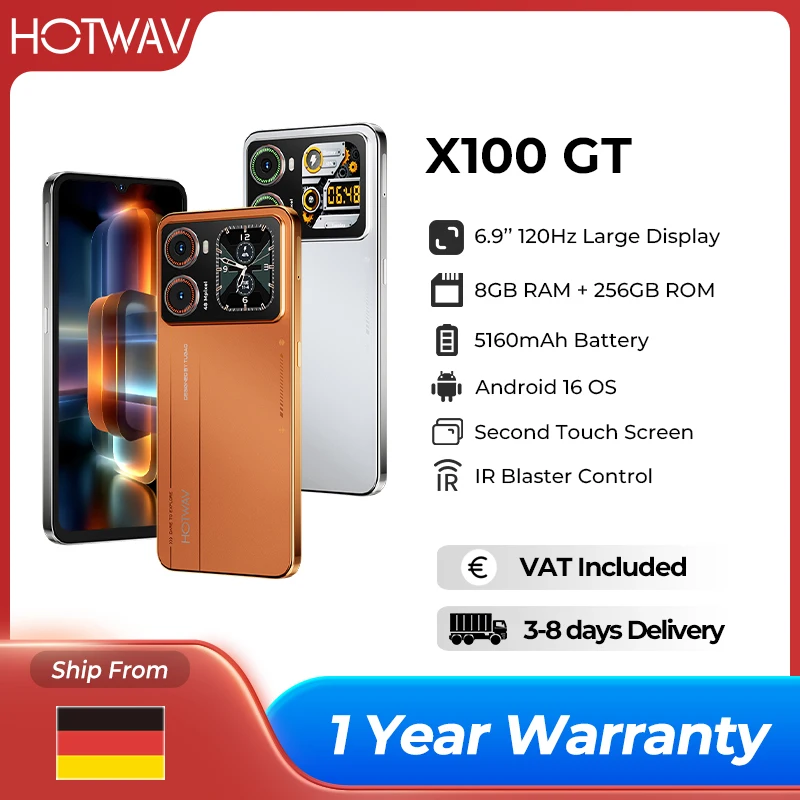 HOTWAV X100 GT Ultra-Dünnes Smartphone 6,9'' 120Hz Android 16 IR-Blaster Mobiltelefon 8GB 256GB 5160mAh 20W Leichtgewichtiges Handy