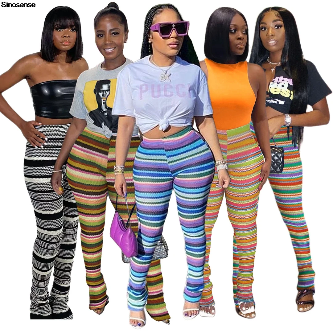 Women's Rainbow Striped Stacked Sweatpants High Waisted Knitted Legging Y2K Street Going Out Night Club Party Flare Pants