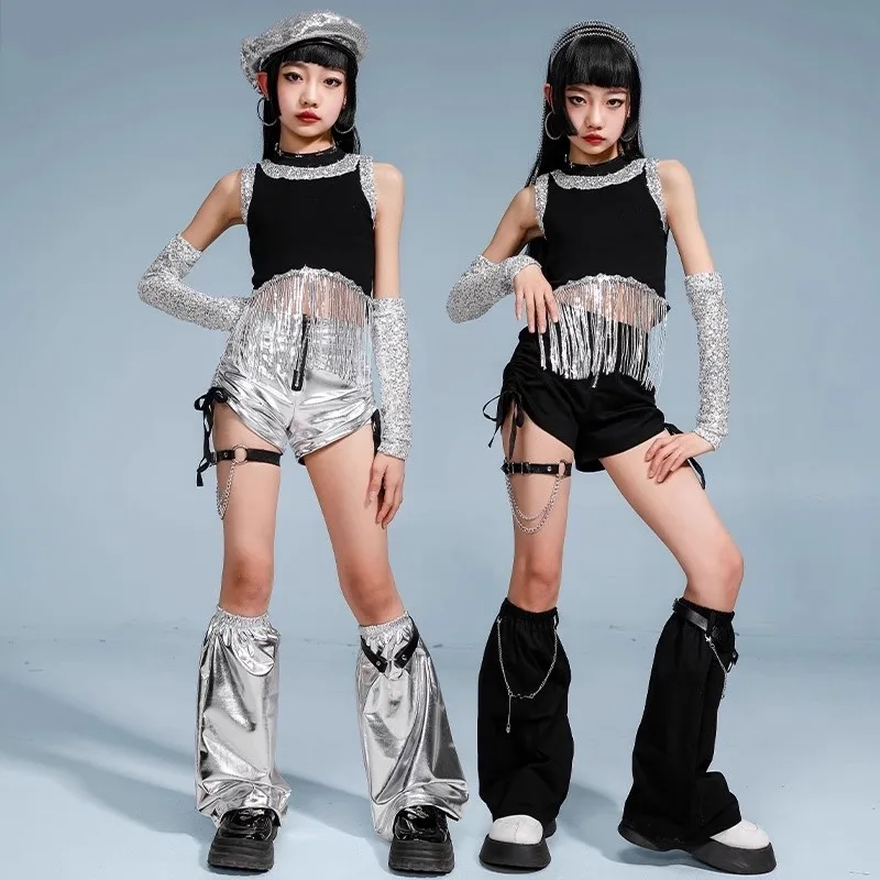 الفتيات الهيب هوب الترتر الفضة المحاصيل الأعلى البضائع السراويل الشارع الرقص السراويل طفل K-pop الجاز الملابس مجموعة الطفل أنيقة الشارع الشهير زي