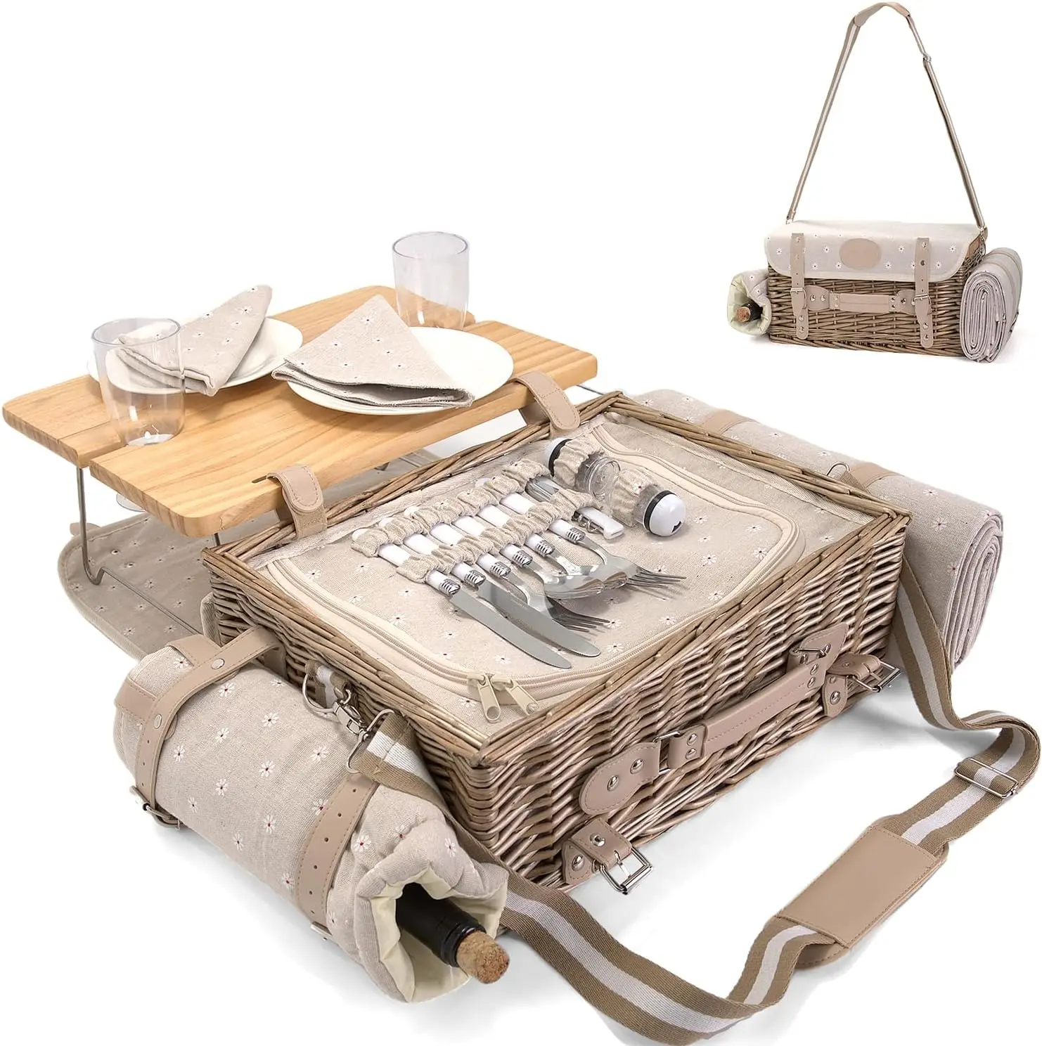 All-in-One Wicker Picnic Basket Set for 2 with Blanket, Picnic Table & Full Tableware – Insulated Outdoor Camping Basket for Couples, Floral Pattern