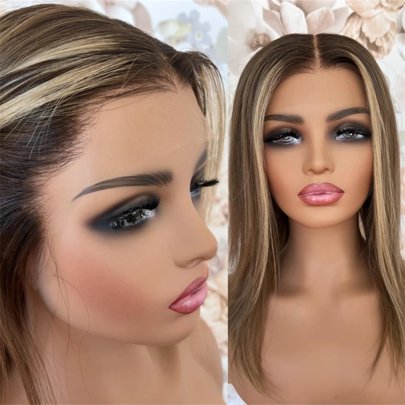 

Women's Wig Realistic Preplicked Hairline Ombre Brown Blonde HD Lace Front Wig with Root Synthetic Wig Medium Long Straight Wig