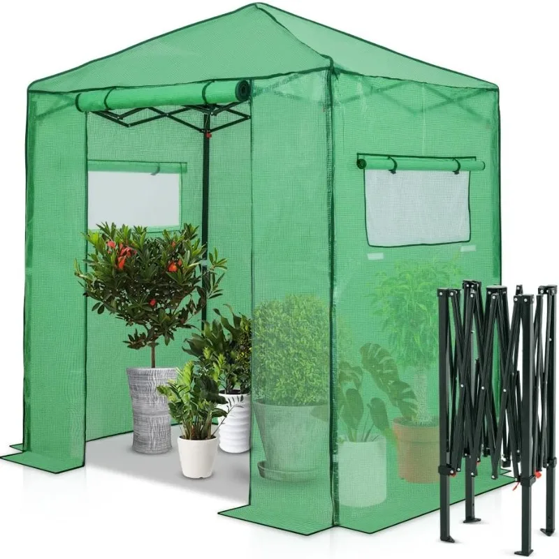 

6x4 Portable Walk-in Greenhouse, Pop-up Indoor Outdoor Garden Green House, Zippered Door and Windows, PE Cover, Green