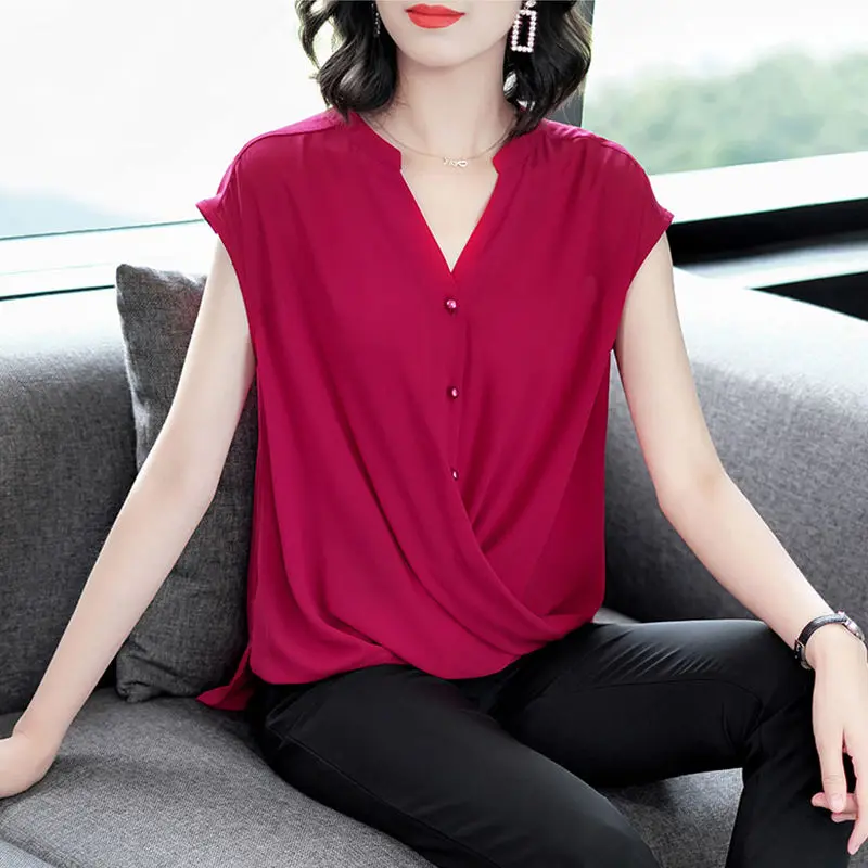 Fashion V-Neck Button Irregular Oversized Chiffon Shirt Loose Office Lady Tops Spring and Summer Elegant Women\'s Clothing Blouse