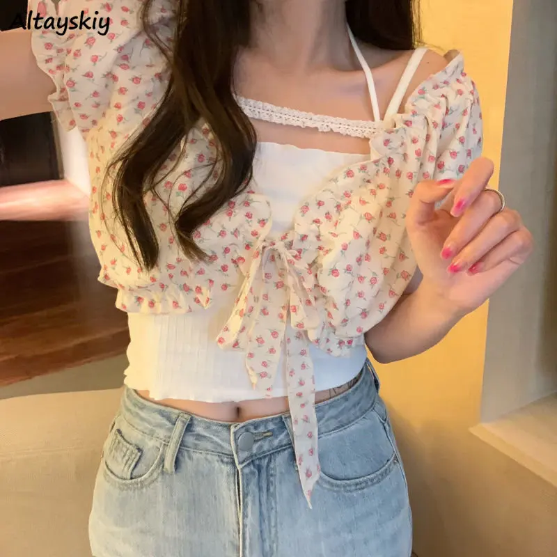 

Women Sets Shirts Floral Bandage Crop Tops Sweet Korean Style Chemise Femme Camis Slim Fit Basic All-match Summer Simple Halter