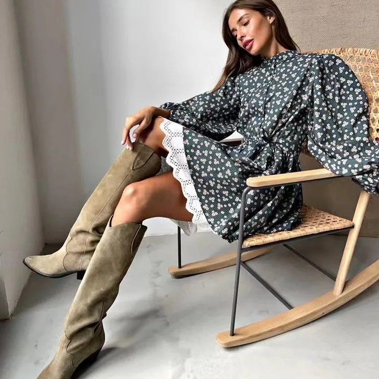 Imprimé fleuri col montant bulle Sve taille cintrée Dr a-ligne Silhouette longue fermeture à glissière Sve femme Dr