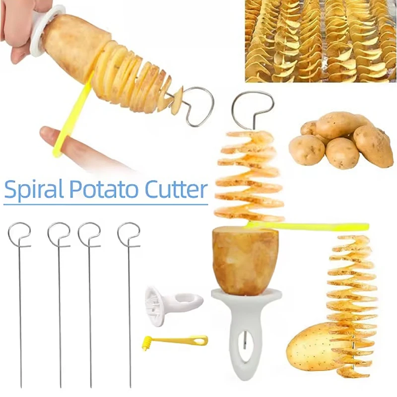 6er-Set spiralförmiger Kartoffelschneider mit 4 Edelstahlstäben, Spiralschneider, Chips-Maker, wiederverwendbare Kartoffel-Twister-Küchenhelfer
