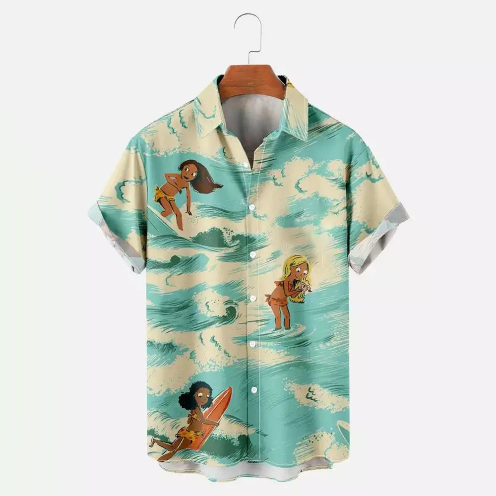 Hawaiian Beach Shirts For Men Casual Fashion Short Sleeve Tops Beauty Print Men\'s Shirts Vacation Blouse Button Leisure Clothing