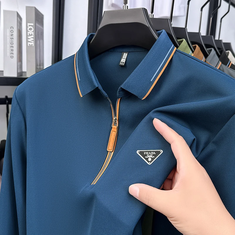 

High End Brand Men's Polo Shirt Lapel Zipper Print Long Sleeve T-Shirt Autumn New Solid Color Simple Fashion Business Menswear