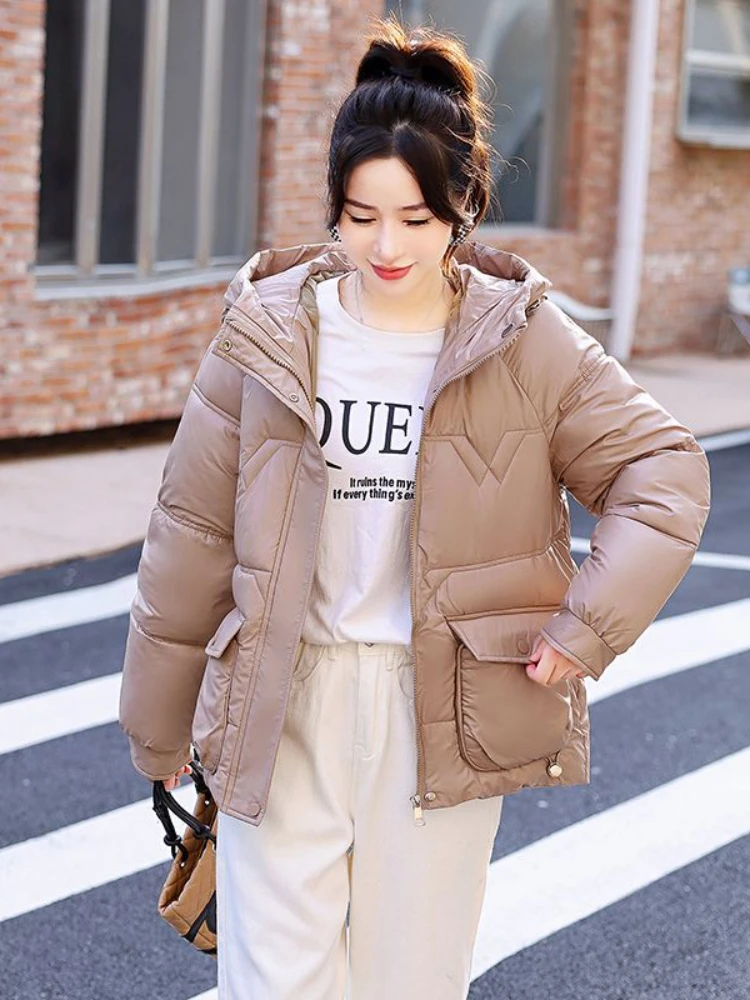 5-Color Solid Down Cotton Korean Women Short 2023 Winter New Thickened Hooded Jacket Fashionable Relaxed Loose Overcoat