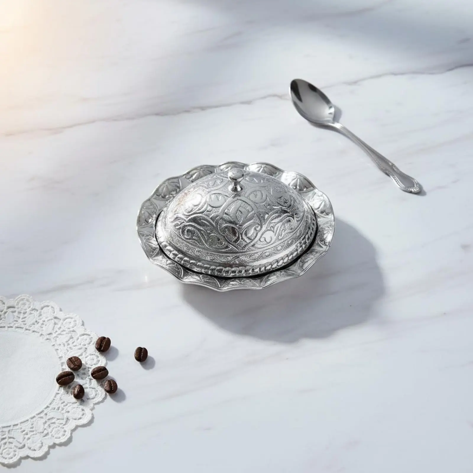 

Ottoman Design Sugar Container Decorative Ornate Sugar Bowl Silver Candy Box Lid Tableware for Dessert Table