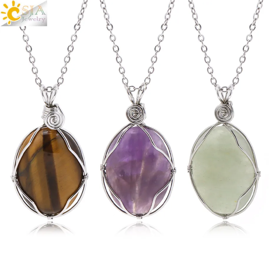 CSJA Natural Stone Egg Shape Pendant Necklaces Wire Wrapped Energy Crystal Pendants for Women Men Stainless Steel Jewelry H842