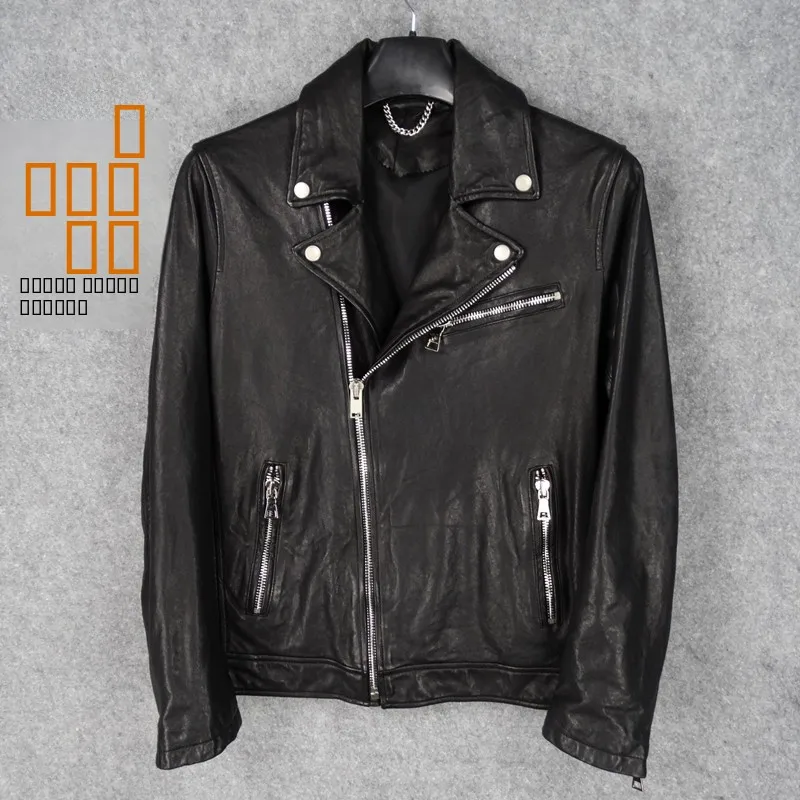 

Autumn Winter New Men's Biker Sle ort Leather Jaet eepskin Genuine Leather Faion Urban Design Stand Collar Coat