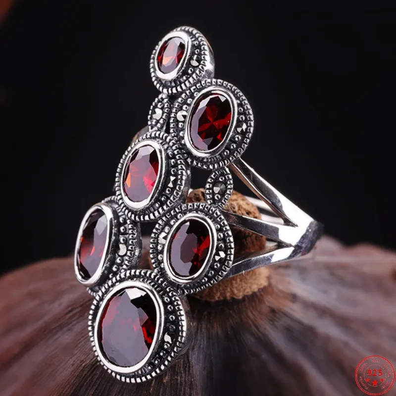 S925 Sterling Silver Rings for Women 2023 New Fashion Hollow Eternal Vine Inlaid Garnet Adjustable Pure Argentum Hand Jewelry