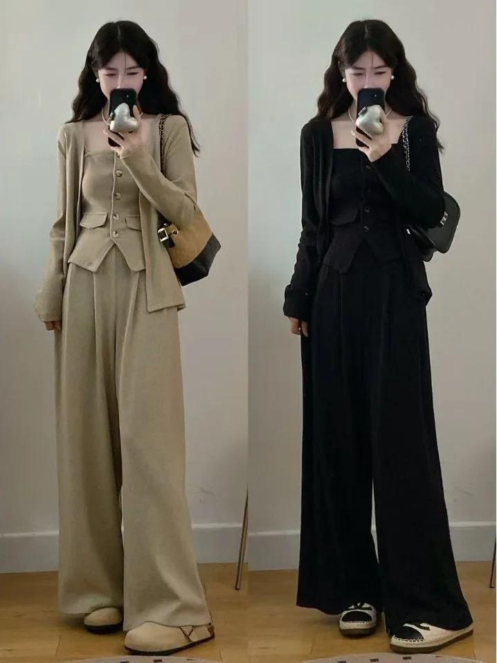 

Elegant plus Size Women's Three-Piece Set with Strapless Crop Top And High Waist Wide Leg Pants for Autumn Fashionable Ensemble