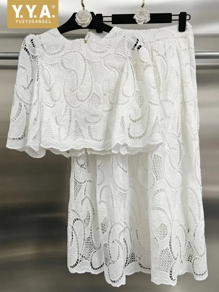 Fashion Ladies Short Sleeves Zipper Round Neck Shirt Long Skirt Two Piece Set Elegant Solid Color Lace Hollow-Out Matching Sets