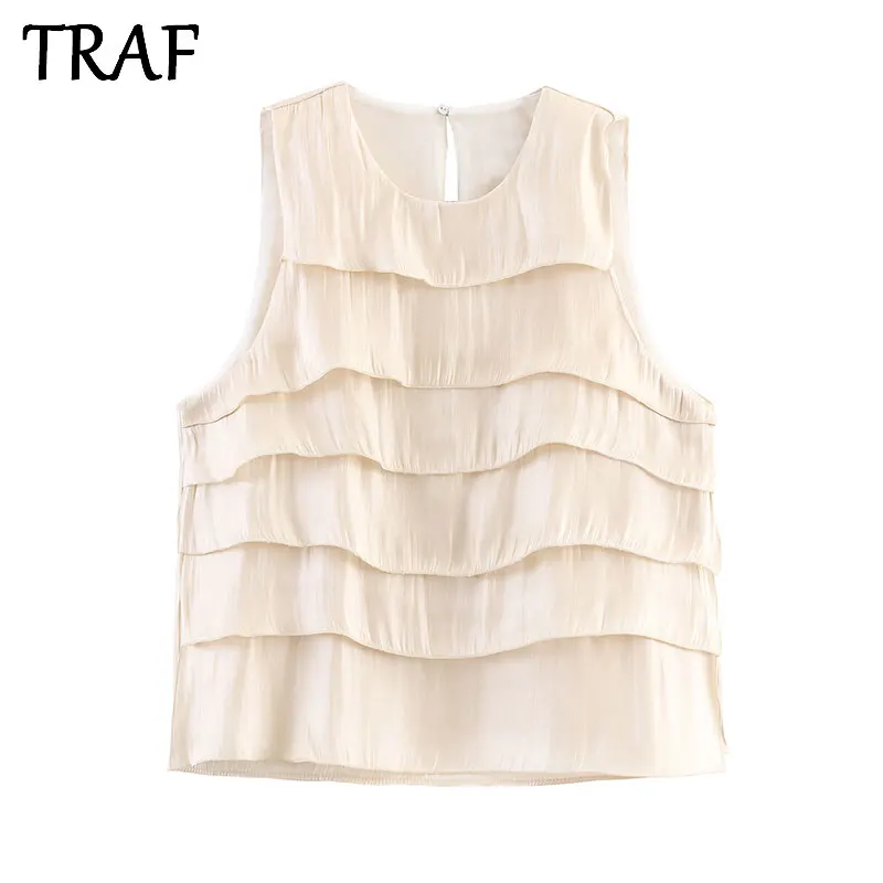 

TRAF Women Fashion Tierred Ruffled Summer Tank Tops Vintage O-Neck Female Chic Thin Top Solid Shirt Ruffled Sleeveless Blouse