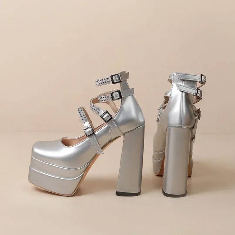 

New Belt Buckle Silvery 14cm High Heel Sandals Summer Dress Party Commuter Casual Single Shoes Wedding Bridal Women Shoes 33-43