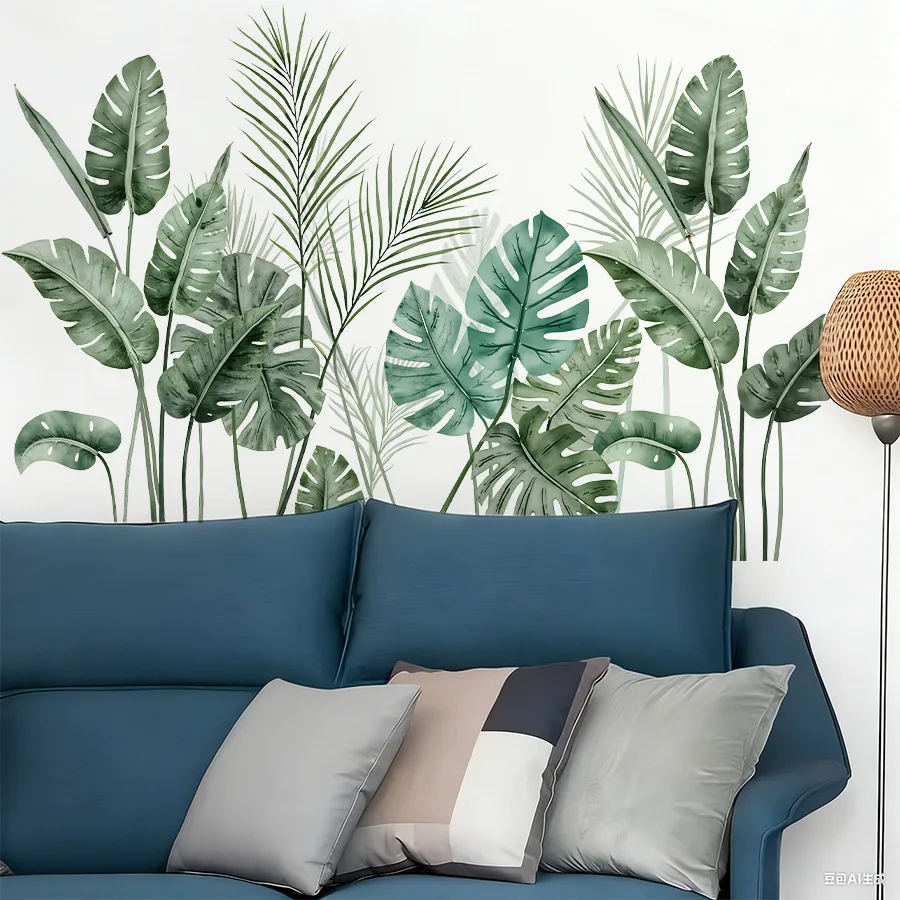 

Tropical Green Leaves Plant Wall Stickers Living Room Bedroom Home Decoration Turtle Back Leaf Sticker Home Decor Art Mural